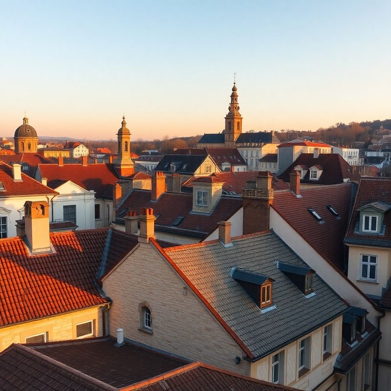 Acoperișurile orașului vechi Sibiu la apus, în lumină caldă